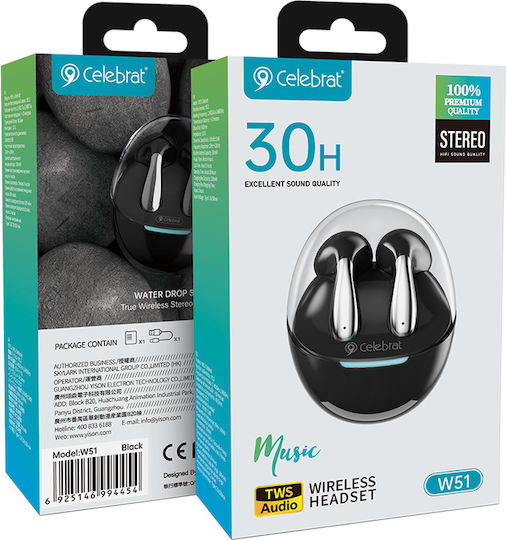 Celebrat W51 Earbud Bluetooth Handsfree Ακουστικά με Θήκη Φόρτισης Μαύρα