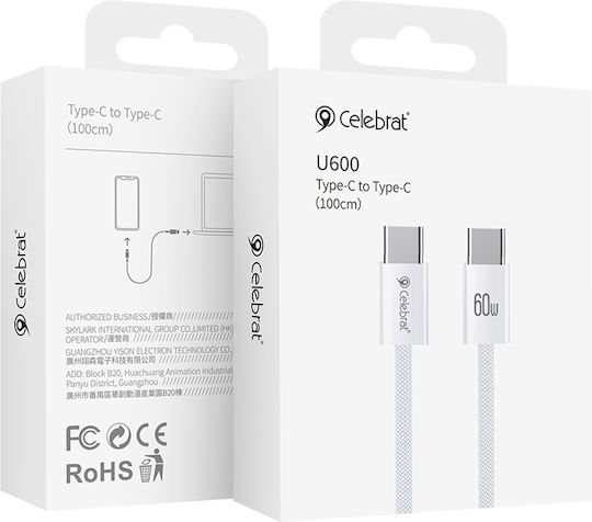 Celebrat U600 Braided USB 2.0 Cable USB-C male - USB-C 60W Λευκό 1m 112612