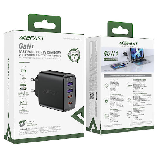 Acefast Φορτιστής Χωρίς Καλώδιο GaN με 2 Θύρες USB-A και 2 Θύρες USB-C 45W Power Delivery / Quick Charge 2.0 / Quick Charge 3.0 / Quick Charge 4+ Μαύρος (A61)