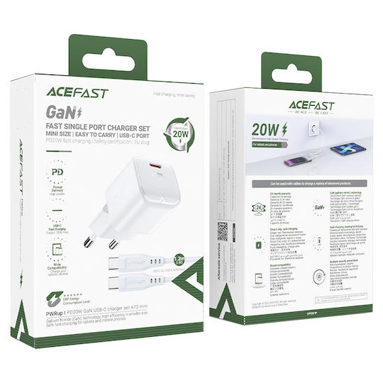 Acefast Φορτιστής GaN με Θύρα USB-C και Καλώδιο USB-C - USB-C 20W Power Delivery / Quick Charge 2.0 / Quick Charge 3.0 / Quick Charge 4+ Λευκός (A73)