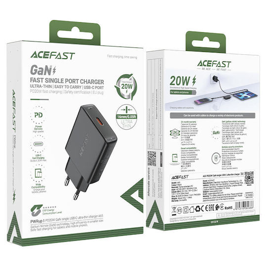Acefast Φορτιστής Χωρίς Καλώδιο GaN με Θύρα USB-C 20W Power Delivery / Quick Charge 2.0 / Quick Charge 3.0 / Quick Charge 4+ Μαύρος (A65)