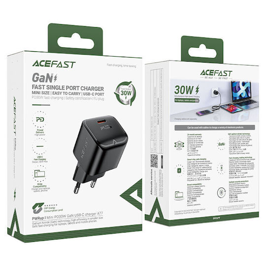 Acefast Φορτιστής Χωρίς Καλώδιο GaN με Θύρα USB-C 30W Power Delivery / Quick Charge 2.0 / Quick Charge 3.0 / Quick Charge 4+ Μαύρος (A77)