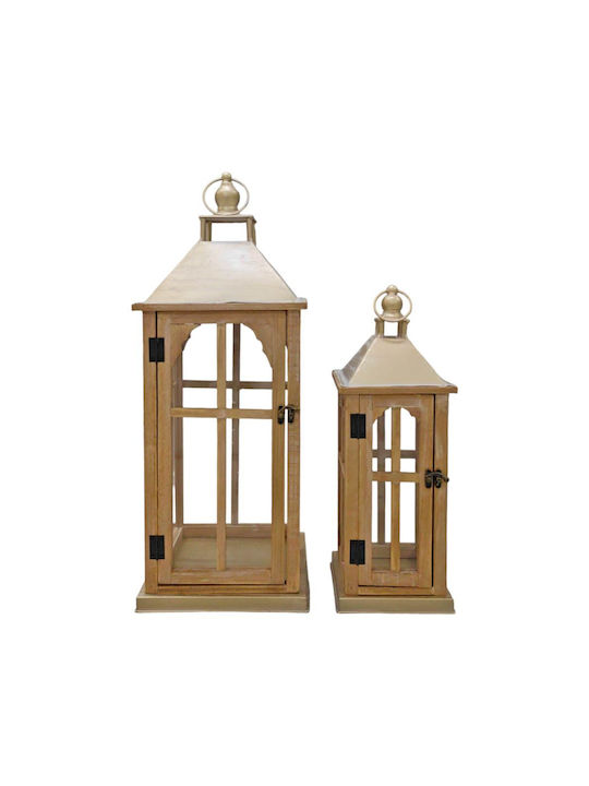 Wooden Lanterns Set of 2 Pieces 24x24x62.5cm & 16x16x45cm with Golden Metal Roof Ankor 831784