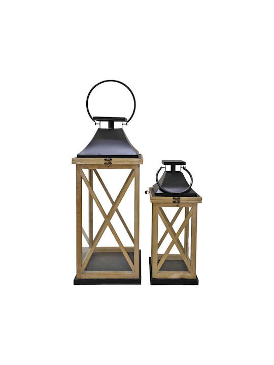 Wooden Lanterns Set of 2 Pieces 25.5x25.5x61.5cm & 18x18x44cm. With Black Metal Roof Ankor 831760