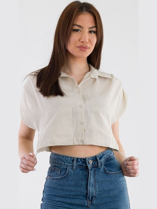 Crop Top Πουκάμισο Μονόχρωμο - Μπεζ 15254