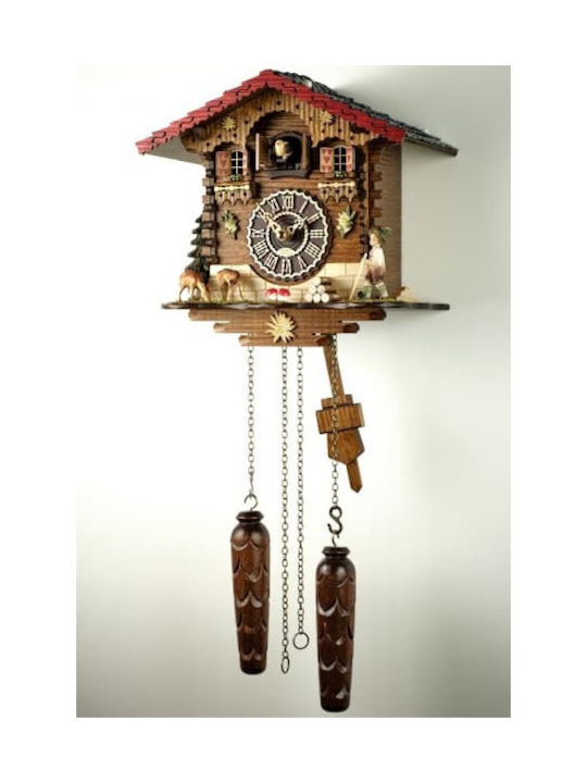 Cuckoo Clock with handmade Alpine house representation with walker figure and deer.