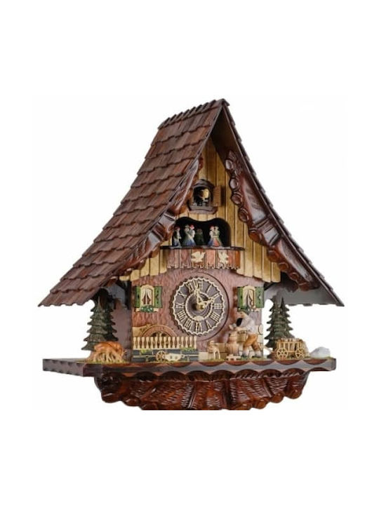 Cuckoo clock with handmade Alpine house show with dancers, woodcutter cutting wood, animals, water mill with movement, music and pendants.