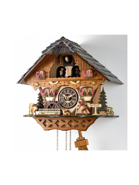 Cuckoo Clock with handmade Alpine house show, dancers, walker who beats his stick, water mill with movement, music and pendants.