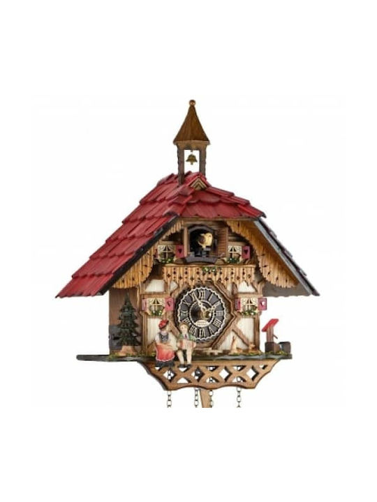 Cuckoo Clock With Handmade Alpine House Show With Bell Tower, Girl & Boy Figures, Animals Music and Pendants.