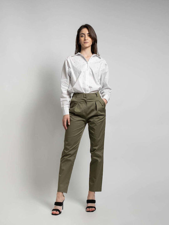 Fashioncore Women's High-waisted Cotton Trousers in Carrot Fit khaki