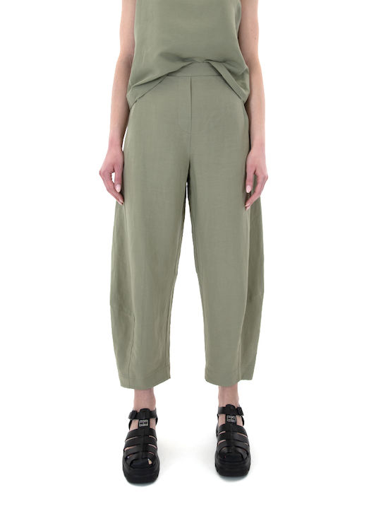 Moutaki Women's High Waist Linen Trousers with Elastic in Balloon Line Khaki