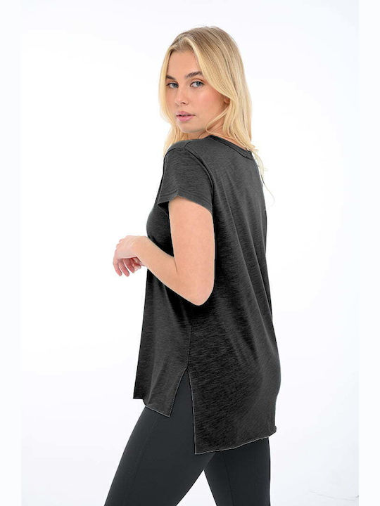 Bodymove Women's Summer Blouse Cotton Short Sleeve with V Neck Black
