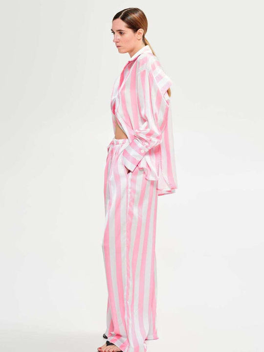 Lumina Women's Satin Trousers with Elastic in Loose Fit Striped Pink/white