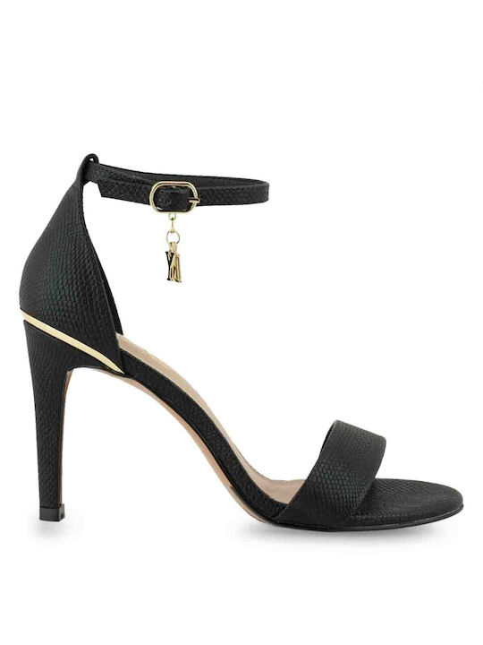 Exe Synthetic Leather Women's Sandals Black with Thin High Heel