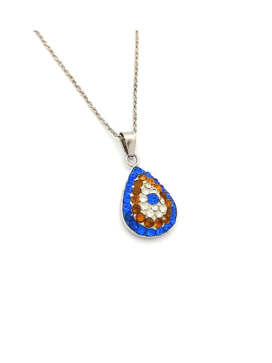 Sterling Silver 925 Silver Plated Necklace with Eye Design in Tear Shape and Colorful Zircon Stones