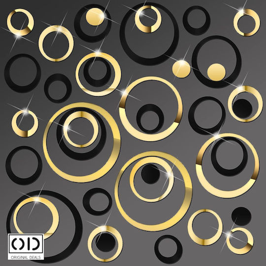 Oglindă autoadezivă pentru decorațiuni interioare și design, model de cercuri interioare, set de 24 de bucăți, negru și auriu, PVC acrilic premium, oferte originale