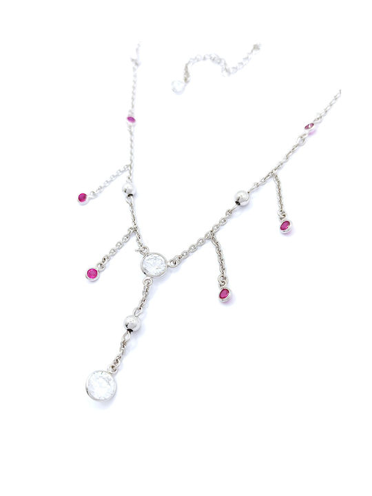 Silver 925 Silver Plated Modern Necklace with White and Fuchsia Zircon Stones