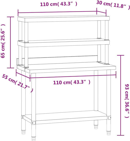 vidaXL Steel Workbench L110xD55xH150cm