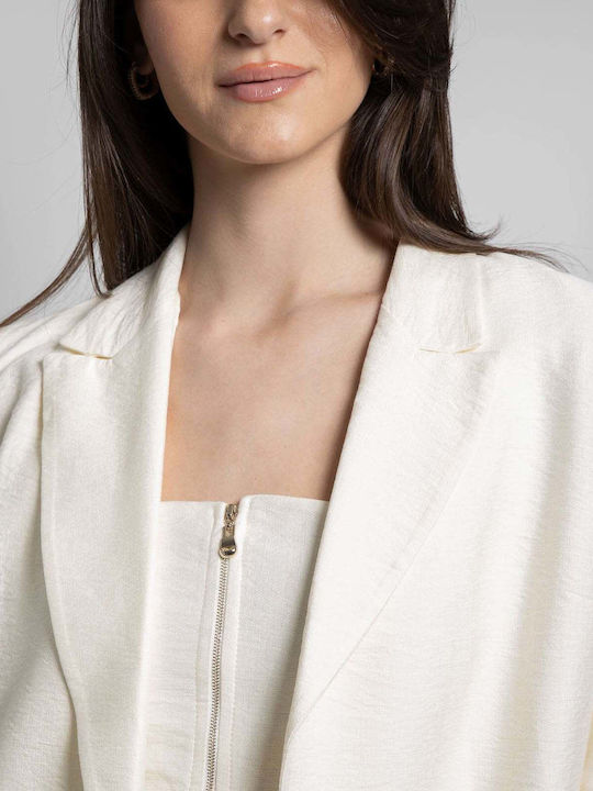 Fashioncore Damen Mittellang Blazer Ecru
