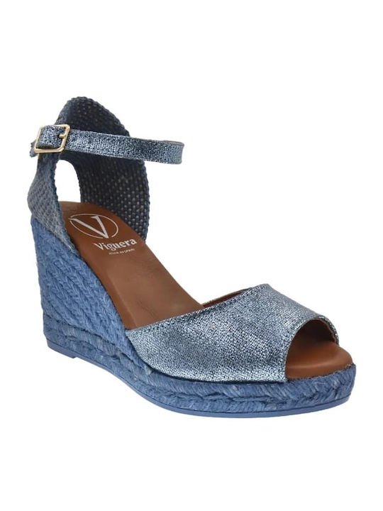 Viguera Women's Leather Peep Toe Platforms Blue