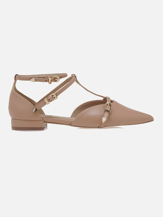 Corina Synthetic Leather Pointy Ballerinas with Strap Brown