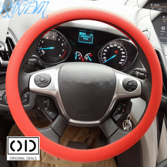 Husă Volan Auto cu Diametru 33-40cm Silicon Roșu cu Cusătură Roșie