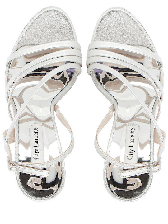 Leder Damen Sandalen mit hohem Absatz in Silber Farbe