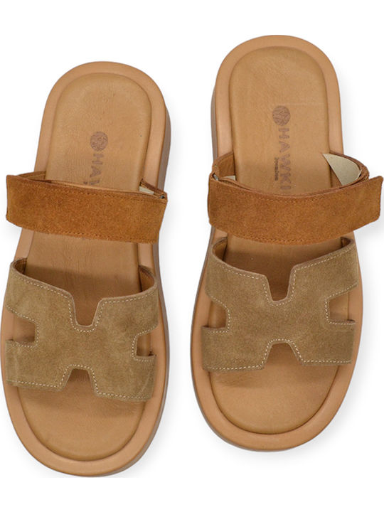 Leather Women's Flat Sandals in Tabac Brown Color