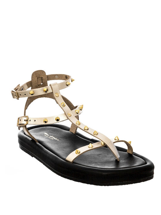 Wall Street Leder Damen Flache Sandalen in Gold Farbe