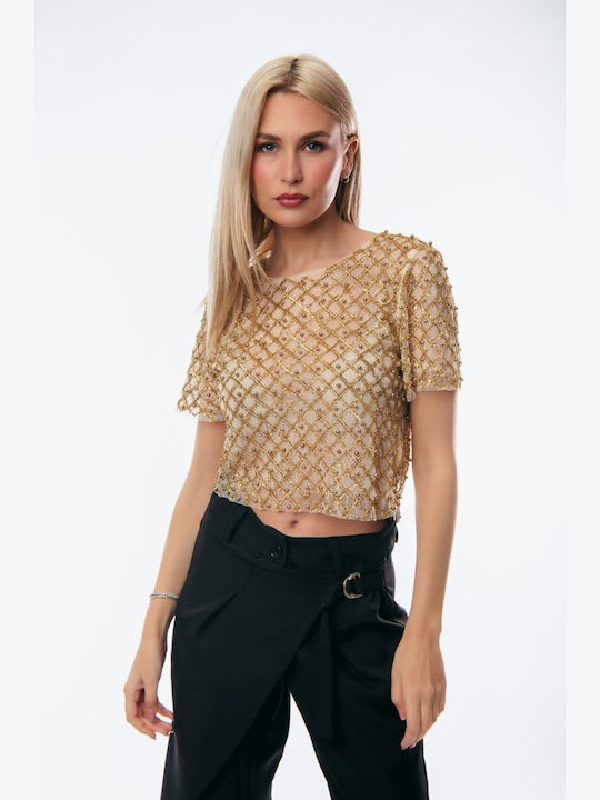 Dress Up Damen Sommerliche Bluse Kurzärmelig GOLD