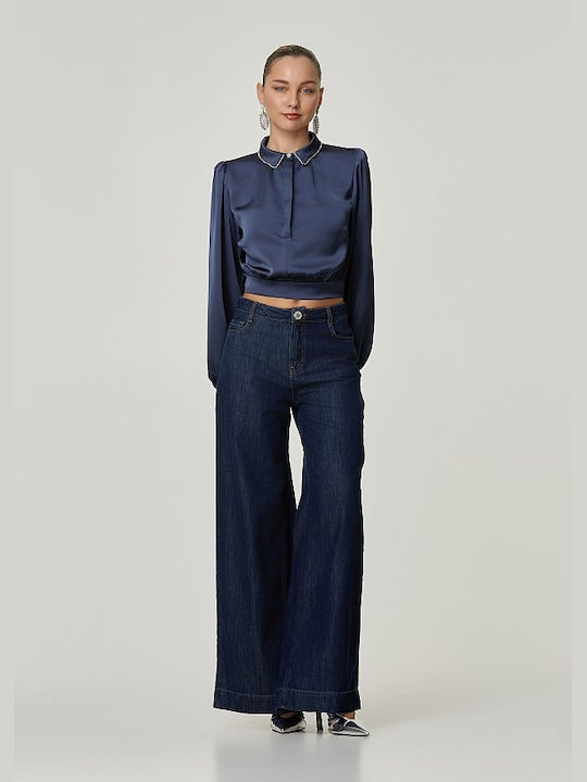 Lynne Damen Crop Top Satin Langärmelig Blue