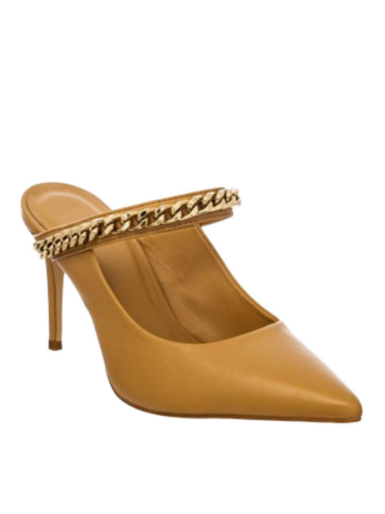 Mestico Leather Mules with Thin High Heel in Beige Color