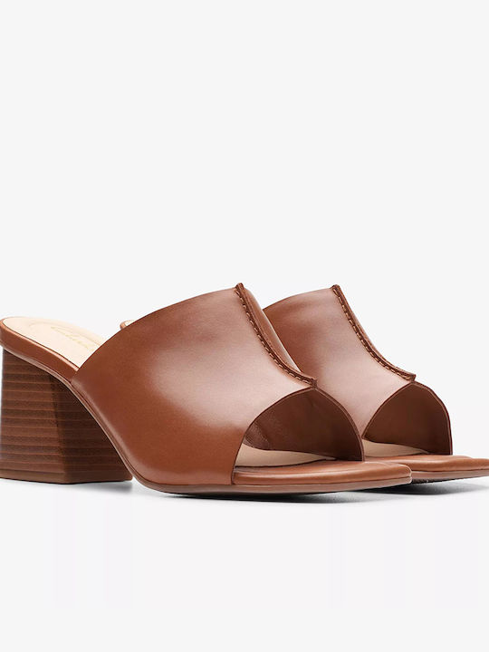 Siara65 Band Tan Leather Leather Mules with Chunky High Heel in Tabac Brown Color