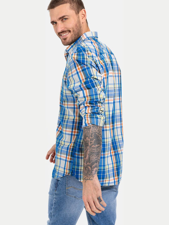 Long-sleeved Cotton Shirt Checked Blue