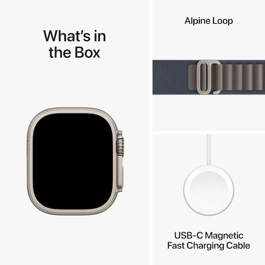 Apple Watch Ultra 2 Titanium 49mm Αδιάβροχο με eSIM και Παλμογράφο (Blue Alpine Loop - Small)
