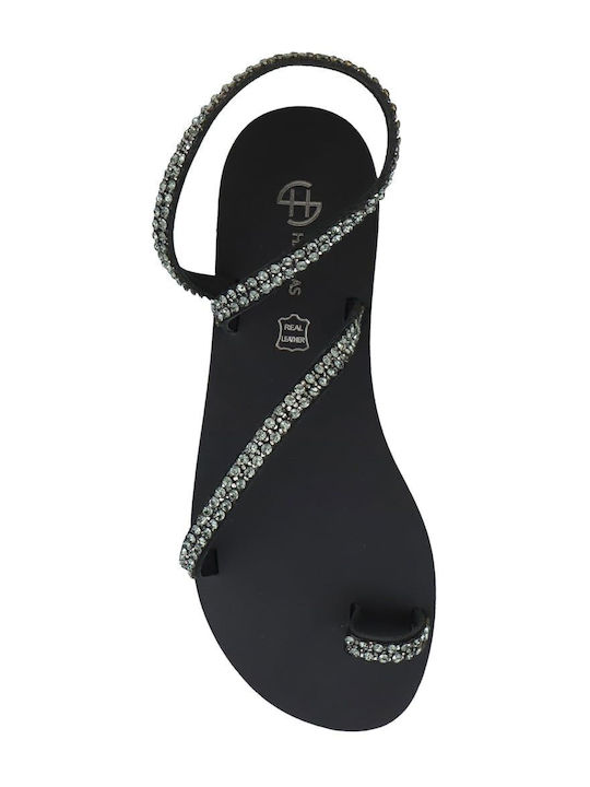 Leather Women's Flat Sandals in Black Color