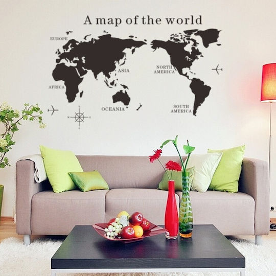 Decorative Sticker, Self-adhesive, World Map With Continents, Black, Original Deals
