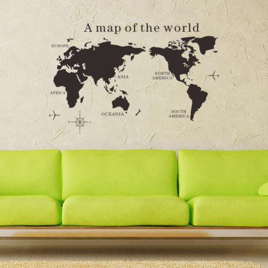 Decorative Sticker, Self-adhesive, World Map With Continents, Black, Original Deals
