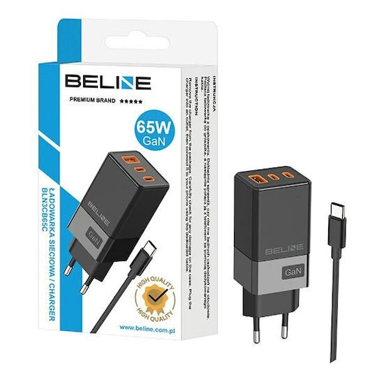 Beline Φορτιστής GaN με Θύρα USB-A και 2 Θύρες USB-C και Καλώδιο USB-C - USB-C 65W Power Delivery / Quick Charge 3.0 Μαύρος