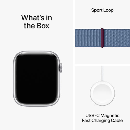 Apple Watch Series 9 Aluminium 45mm Waterproof with Heart Rate Monitor (Silver with Winter Blue Sport Loop)
