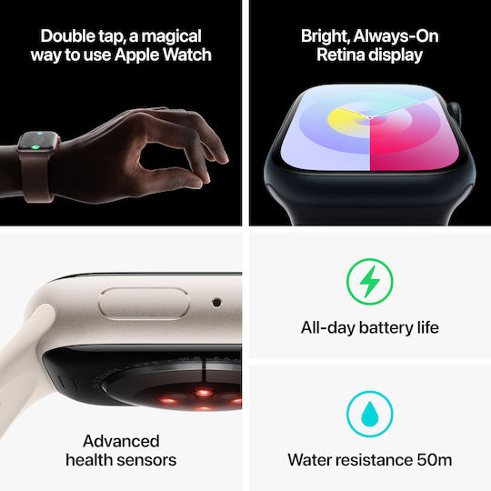 Apple Watch Series 9 Aluminium 45mm Waterproof with Heart Rate Monitor (Silver with Storm Blue Sport Band - S/M)