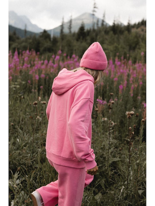 Μακρύ Γυναικείο Φούτερ με Κουκούλα Pink