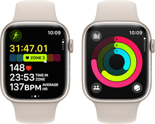 Apple Watch Series 9 Aluminum 45mm Waterproof with Heart Rate Monitor (Starlight with Starlight Sport Band - M/L)