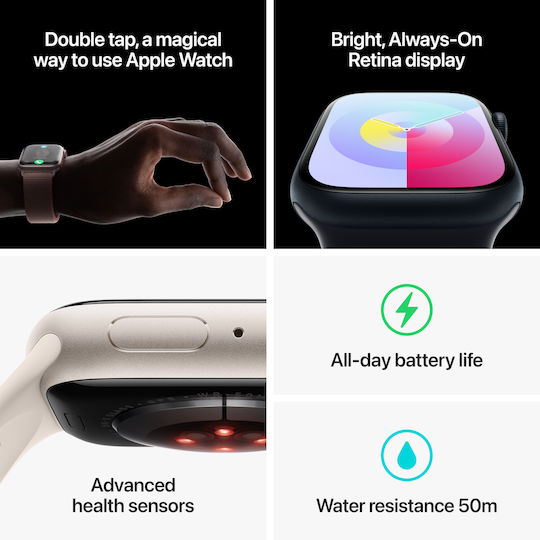 Apple Watch Series 9 Aluminum 45mm Waterproof with Heart Rate Monitor (Starlight with Starlight Sport Band - M/L)