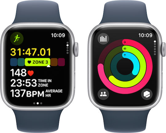 Apple Watch Series 9 Aluminium 45mm Waterproof with Heart Rate Monitor (Silver with Storm Blue Sport Band - M/L)