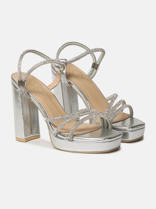 High-Heeled Sandals with Square Heel Silver