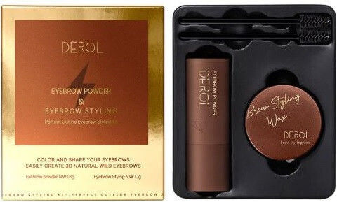 Set pentru sprâncene, Derol, ștampilă pentru sprâncene, fard de obraz, săpunuri și săpun pentru stilizarea sprâncenelor, 02 Dark Grey