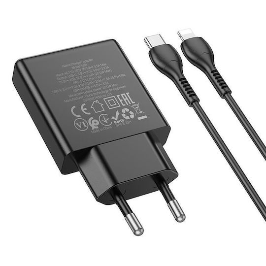 Hoco Charger with USB-A Port and USB-C Port and Cable USB-C - Lightning 20W Power Delivery / Quick Charge 3.0 Blacks (N38 Delgado)