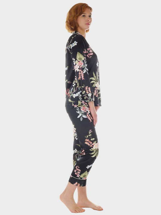 Women's Satin Pajama Set Floral Print Buttons Black Satin Pajama Set