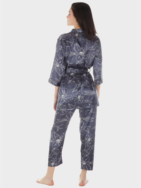 Women's Set Satin Pajama Jacket Top & Pants All Print. Packaging 3pack Grey